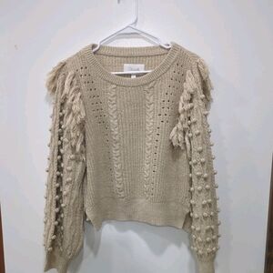 Cleobella Beige Cable Knit Sweater Pompoms Fringe Boho Oatmeal Size M